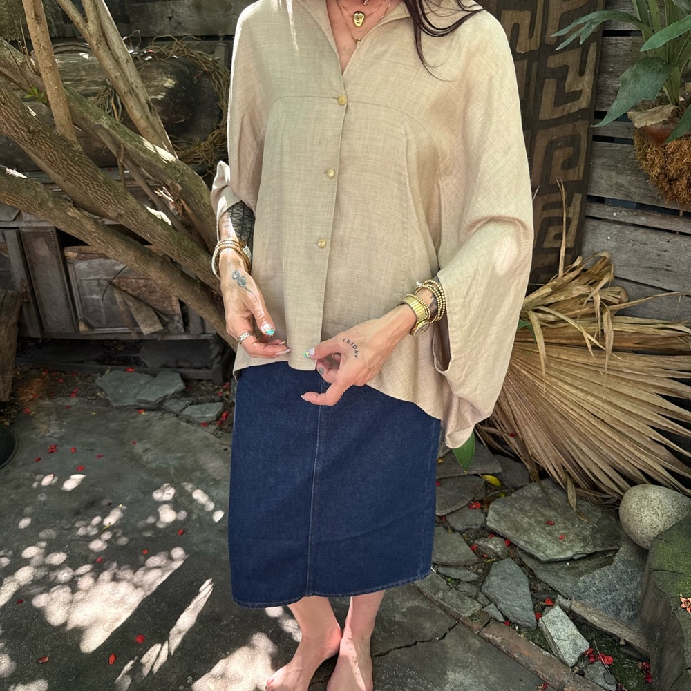 Vintage Chado Nina Ricci Linen Cape Blouse Neutral Oversized Size 8